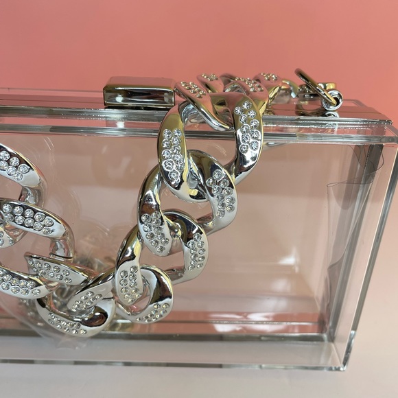 Crystal Chunky Chain Silver/Clear Box Clutch Handbag - Picture 6 of 7